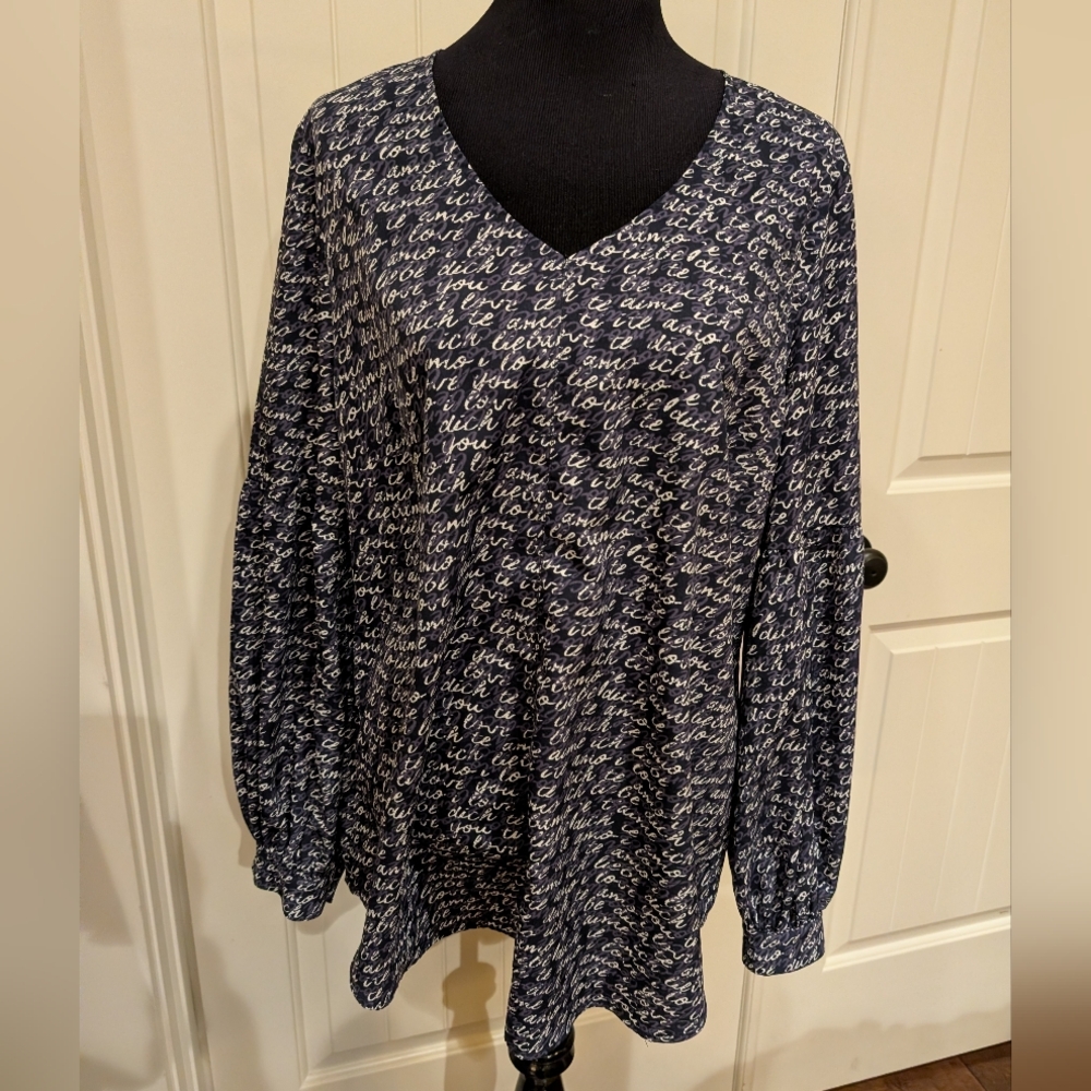 CAbi Navy Love Script Print Blouse